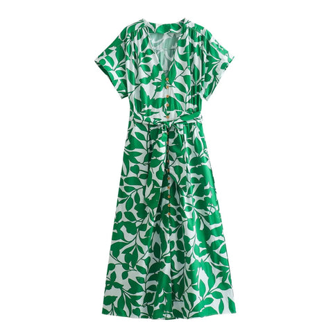 Sonicelife Women's Shirt Style Printed Dress Single Breasted Waist Tied Casual Versatile Long New