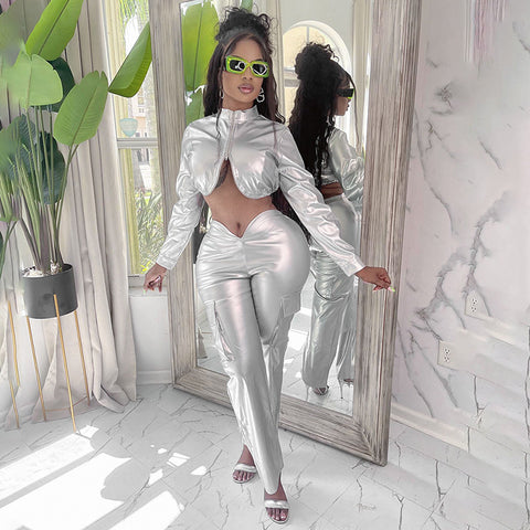 Sonicelife Y2K Women 2 Piece Shiny Silver PU Leather Zipper Cropped Jackets Straight Pants Sets Metal Color Leather Suits Two Piece Outfits