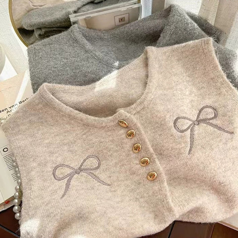Sonicelife Sweet Bow Knitted Vests Women Casual Loose O Neck Korean Embroidery Jacket Vest Elegant Vintage Female Fall All Match Vest
