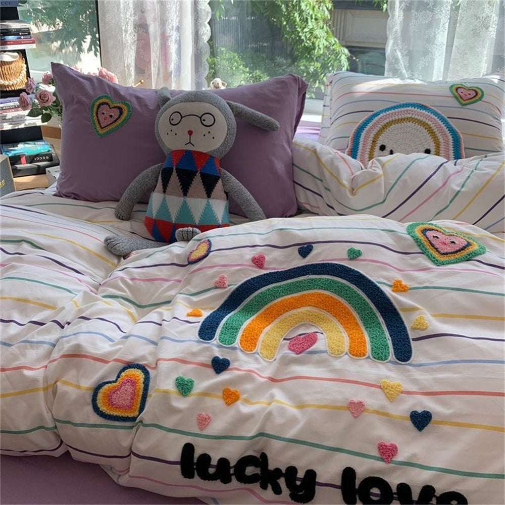 Sonicelife Korean Ins Dopamine Rainbow Embroidered Washed Cotton Bedding set Duvet Cover Home Luxury No Filling Bedding Set Bed Sheets