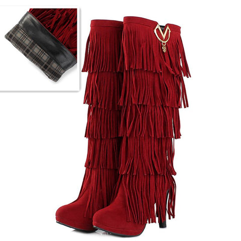 thanksgiving outfit Sonicelife size 32-43 Flock Fur Women boots High heels Knee boots Fringe Tassels Fashion Black Red ZL4150