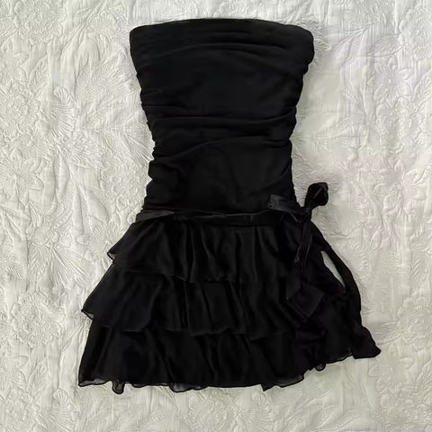 Sonicelife Solid color bow decoration dress fashion lace edge casual Y2K top emotional girl urban beauty chic slim sweet street women dress