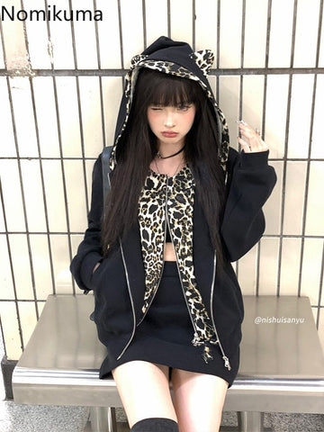 Sonicelife Fake Two Hoodies Coat 2025 Women Clothing Patchwork Leopard Print Hooded Sweatshirts Y2k Tops Streetwear Casual Fashion Hoodie