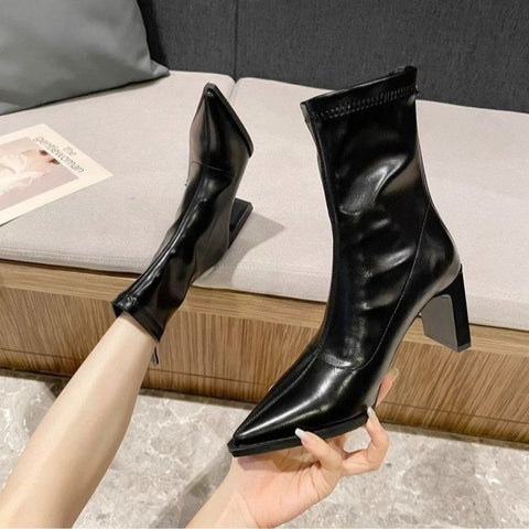 Sonicelife 2024 Pointed Toe Ankle Boots Autumn Back Zip Leather Ladies Short Boot Shoes Spring Elegant Thick High Heels for Women Black