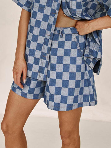 Sonicelife-Loose Check Print Denim Shorts