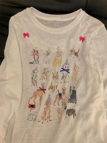 Sonicelife Y2k Harajuku Cartoon Print Long Sleeve Tops Women Sweet 2000s Aesthetic Tees Spring Cute Core Design Casual Loose T-Shirts New