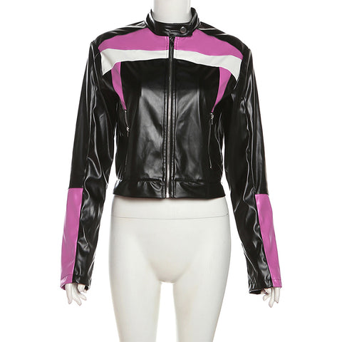 Sonicelife American Vintage Women PU Leather Jackets Motorcycle Patchwork Leather Outcoats Stand Collar Button Zipper Faux Leather Overcoat