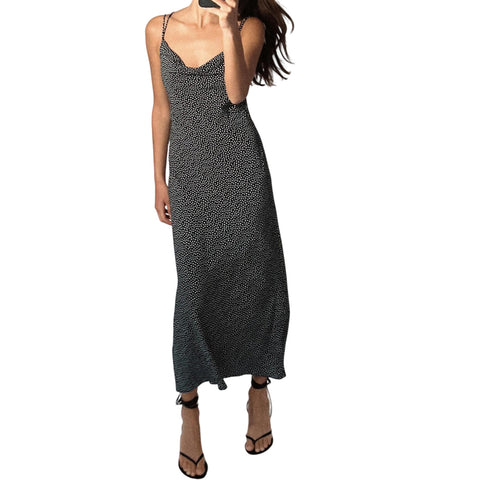 Sonicelife Women's Camisole Long Skirt with Polka Dots, Waistband, Backless, Sexy and Versatile Midi Dress, New