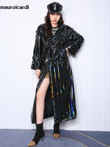 christmas outfit Sonicelife Spring Soft Thin Flowy Shiny Reflective Holographic Black PVC Faux Leather Trench Coat for Women Maxi Y2K Streetwear