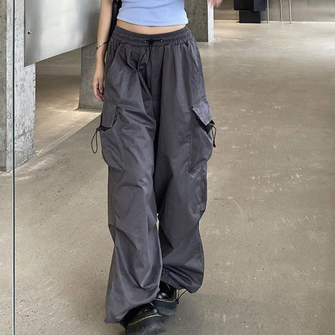 Sonicelife Hip Hop Women Cargo Pants Streetwear All Match Y2K Wide Leg Pants Korean Elastic Waist Sweatpants Female Chic Trousers