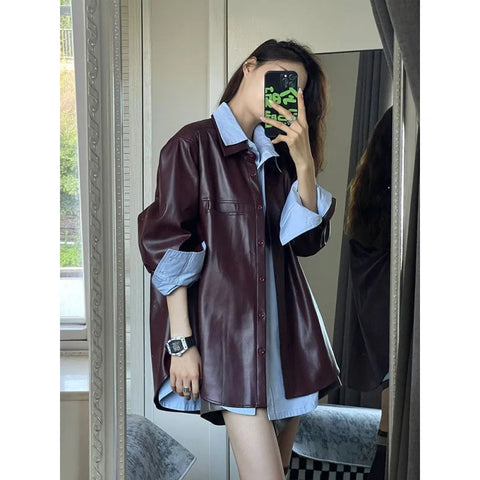 thanksgiving outfit Sonicelife 2024 Spring New Style Korean Matching Loose-Fit Medium-Length Leather Jacket Elegant Shirt Top 2-piece Set Women's Suit