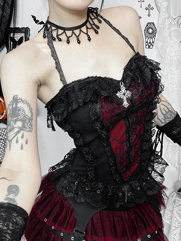 Sonicelife Gothic Hotsweet Camisole Women Vintage Aesthetic Y2k E-girl Hipster Lace Patchwork Halter Crop Tank Tops Cosplay Clothes