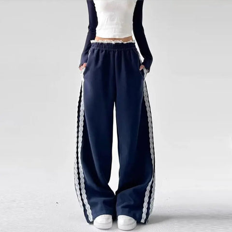 Sonicelife Lace Patchwork Sweatpants Women Y2K Streetwear High Waist Wide Leg Pants Korean Fashion Casual Elastic Waist Straight Trousers