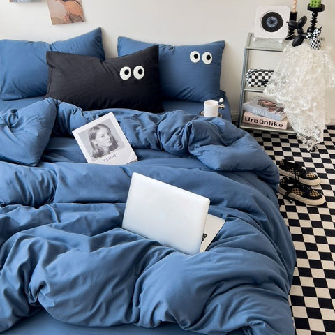 Sonicelife Ins Style Big Eyes Duvet Cover No Filling Double Mix Color Flat Sheet Pillowcases Washed Cotton Embroidery Queen Bedding Set