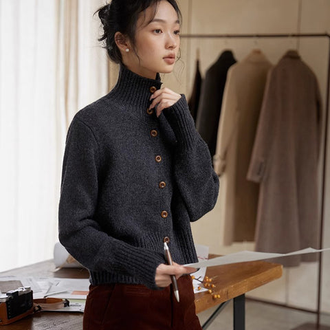 Sonicelife Retro Coffee Cardigan Sweaters Women Long Sleeve Casual Korean Knitted Coat Harajuku Vintage Female Stand Collar Tops New