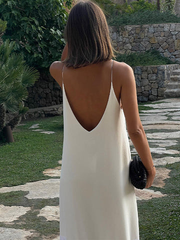 Sonicelife Fashion V Neck Hollow Out Ruffles Hem Midi Dress Elegant Backless Sleeveless Solid A-line Women's Dresses 2025 Summer Lady Robes