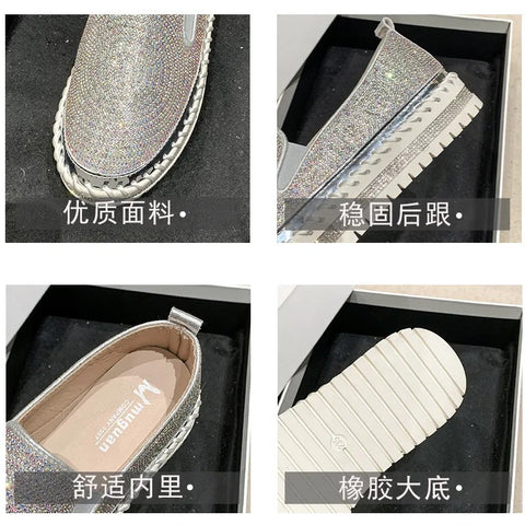 Sonicelife Shoes Woman Flats Slip-on Casual Female Sneakers Modis Crystal Loafers With Fur Round Toe Shallow Mouth Dress Slip On Retro Big