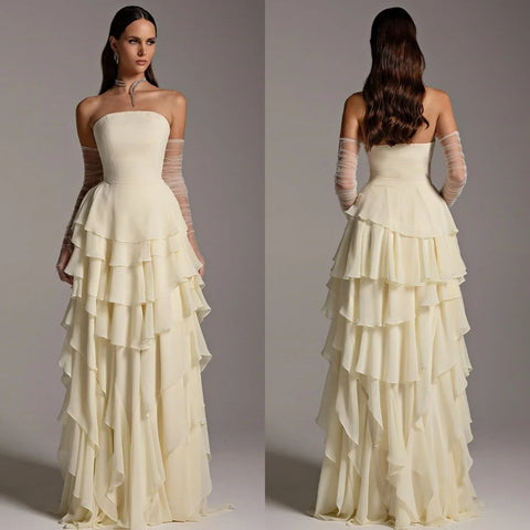 Sonicelife Customized Sexy Chiffon Pleat Tiered A-line Strapless Long Dresses Bespoke Occasion Dresses Classic Exquisite Modern Style Pastr (PRE-ORDER)