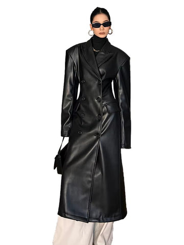 christmas outfit Sonicelife Spring Luxury Long Black Fitted Faux Leather Trench Coat for Women Shoulder Pads Double Breasted European Clothes