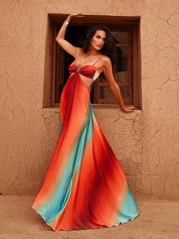 Sonicelife Sexy Print Colorful Hollow Out Pleat Maxi Dress Women Fashion Open Back Sling A-line Robes 2025 New Holiday Lady Summer Dresses