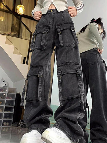 Sonicelife-Street Multi Pocket High Rise Cargo Jeans