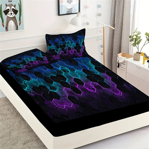 Sonicelife Fashion Cell Geometric Print Fitted Sheet Set Mattress Cover Bedding Soft Breathable Bedding Set with Deep Pocket for Bedroom
