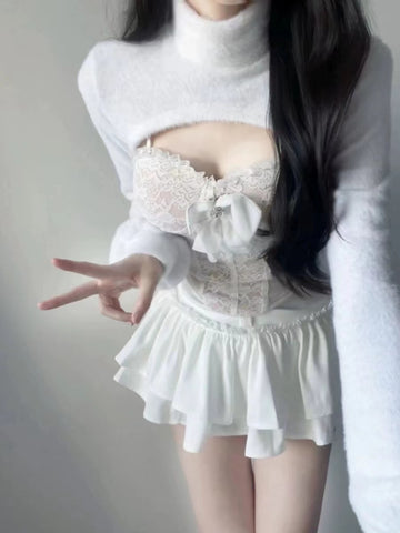 Sonicelife Korean Fashion White Skirt Sets Women Casual Slim Crop Tops + Sexy Y2K Lace Vest + Sweet Party Kawaii Mini Skirt 2025 Spring