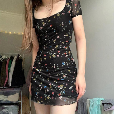 Sonicelife Sexy Dresses Women Clothes Viintage 2000s Lace Aesthetic Flower Slim High waist Summer Mini Dress Harajuku Sweet Girl Y2k Dress