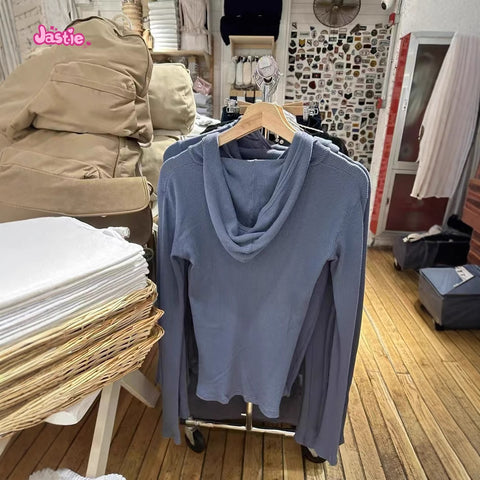 Sonicelife Navy Blue Waffle Y2K Hooded Top 2025 New Autumn Five Button Slim Long Sleeve Tee Cototn Blend Vintage Street Women T-shirts