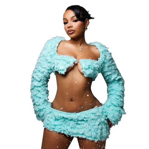 Sonicelife Sexy Women 2 Piece Fluffy Fur Cardigan Shirts Slit Skirts Sets Plush Long Sleeve Crop Tops Mini Skirts Two Piece Hairy Outfits