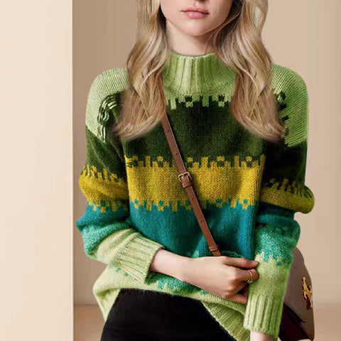 Sonicelife Retro American Striped Sweaters Women Casual Loose Streetwear Knitted Pullovers Fall Vintage Lady Turtleneck Design Jumpers