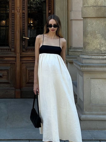 Sonicelife Fashion Loose Patchwork Spaghetti Strap Long Dress Elegant Pleated Off-the-shoulder Backless Gown New Lady Holiday Beach Robes