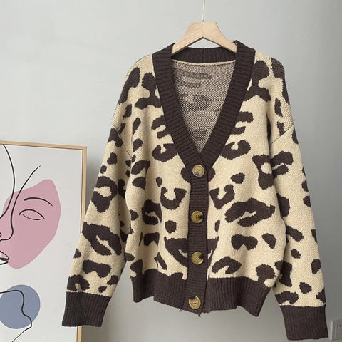 christmas outfit Sonicelife 2025 Women Autumn Knitted Leopard Print V-Neck Cardigans Coat Long Sleeve Women Sweater Cardigans Coat