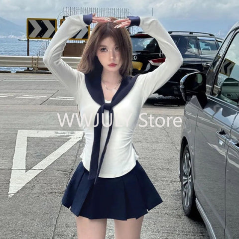 Sonicelife 2025 New Uniform Korean Style 3 Piece Set E- Girls Casual Basic Tops Sweet Slim Y2k Mini Skirt Fashion Elegant Suit Woman