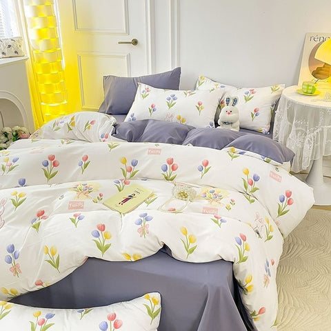 Sonicelife Ins Purple Flower Bedding Set Washed Cotton Bed Sheet Pillowcase Quilt Cover Simple Kids Adult Floral Duvet Cover No Filler