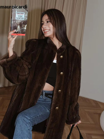 christmas outfit Sonicelife Spring Winter Brown Thick Warm Soft Faux Mink Fur Coat Women Puff Sleeve Stand Collar Elegant Luxury Fluffy Jacket