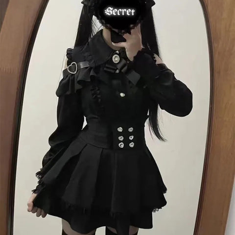 Sonicelife Japanese Black Short Skirt Set Women Sexy Lace Off Shoulder Lolita Shirt Gown Gothic Ruffles Mini Skirts Y2K Aesthetic Suit