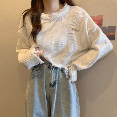 Black Friday Sonicelife Hollow Out Knitted Sweater Women Long-Sleeved Harajuku Y2K Chic Loose Lazy Pullover Hip-Hop Spring Fall Female Cropped Tops