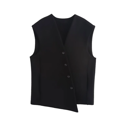 Sonicelife Women's Black Knitted Waistcoat V-neck asymmetrical Diagonal Breasted Modify Commuter Temperament Casual Vest Style New