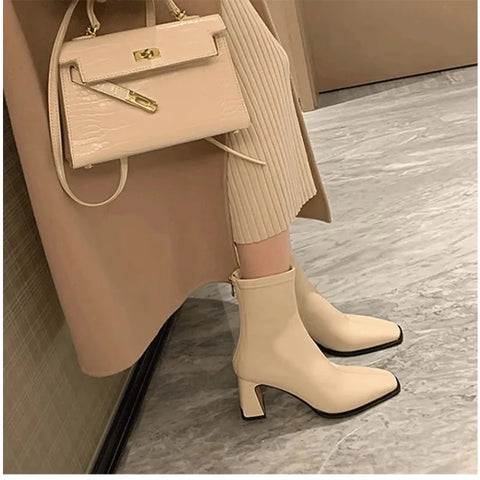 Sonicelife Shoes Female 2024 Hot Sale Zipper Women's Boots Autumn Square Toe Solid Mid Heeled Commuting Work Daily British Naked Boots