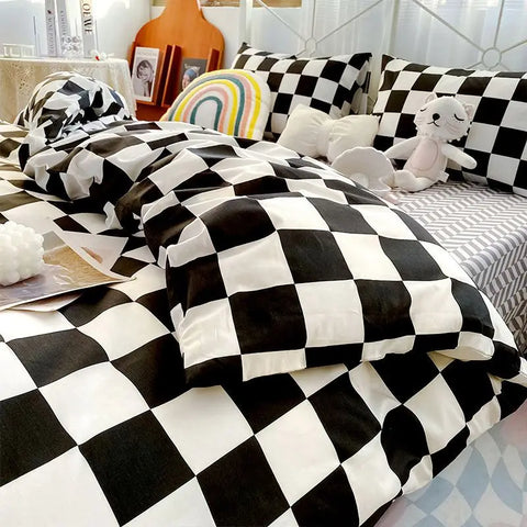 Sonicelife Checkerboard Bedding Set No Comforter Quilt Duvet Cover Pillowcase Flat Sheet Single Queen Size Polyester Bedclothes