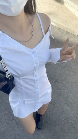 Sonicelife Korea Y2k Crop Tops White Long sleeves Slanted shoulder Aesthetic T shirt Kawaii Sweet Girl Streetwear Women Clothing Grunge Top