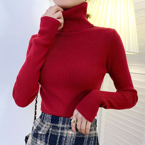 Black Friday Sonicelife Zoki Autumn Fashion Women Turtleneck Sweater Korean Long Sleeve Simple Basic Slim Elastic Jumper Solid Screw Thread Elegant Tops