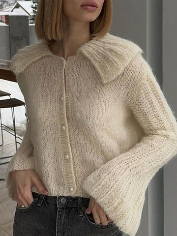 Black Friday Sonicelife Chic Knitted Lapel Pearl Cardigan Women Loose Solid Single-Breasted Short Sweaters Female Autumn Elegant Street Daily Knitwear