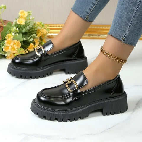 Sonicelife 2025  Female Shoes Women Fashion Mary Janes Round Toe Flats Loafers Oxfords Platform Casual Metal Chain Buckle  Heels Black