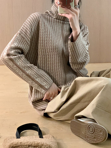 christmas outfit Sonicelife Long Sleeves Loose Contrast Color High Neck Pullovers Sweater Tops