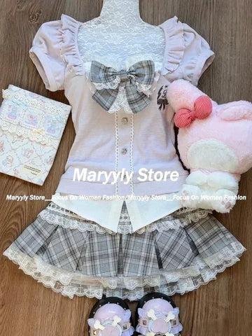 Sonicelife Japanese Sweet Preppy Style Skirt Set Women Kawaii Lace Patchwork Bow Tops + Y2k Plaid Mini Skirt Elegant Outifits 2 Piece Set