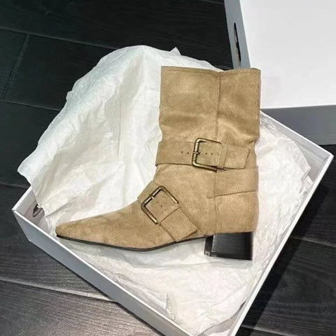 Sonicelife 2025   new fashion design khaki suede leather buckle strap pointed toe boss boots punk style goth square heel women shoes