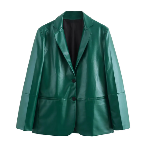 thanksgiving outfit Sonicelife 2024 Autumn New Arrival Women's Leather Green Straight Cut Suit Jacket With Split Side Skirt Medium Length Dress Set