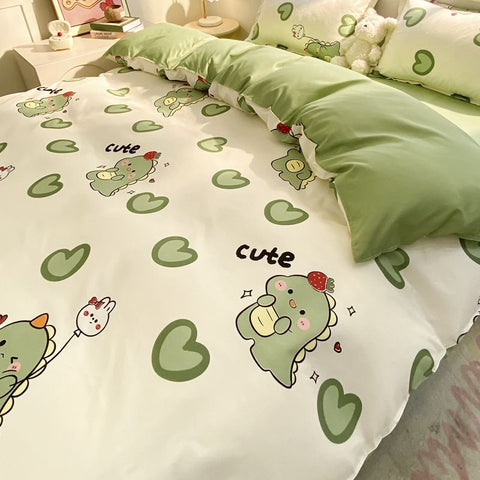 Sonicelife Cute Dinosaur Bedding Set for Kids Duvet Cover No Filling Flat Sheet Pillowcase Boys Girls Full Queen Size Spring Bed Linen